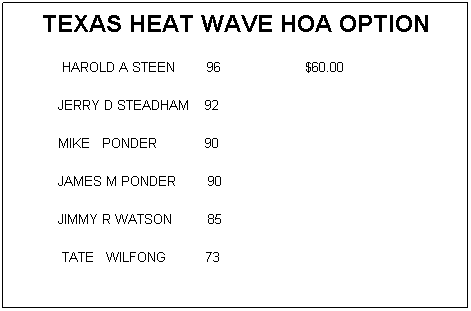 Text Box: TEXAS HEAT WAVE HOA OPTION
            HAROLD A STEEN        96                     $60.00
           JERRY D STEADHAM    92
           MIKE   PONDER            90
           JAMES M PONDER        90
           JIMMY R WATSON         85
            TATE   WILFONG          73
